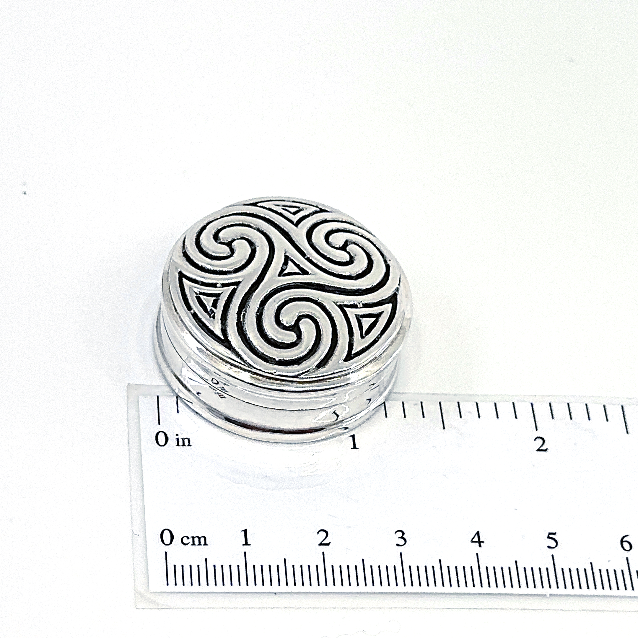 PB545 (2) Round Celtic Pattern Pill Box finished in 925 English Hallmarked Sterling Silver