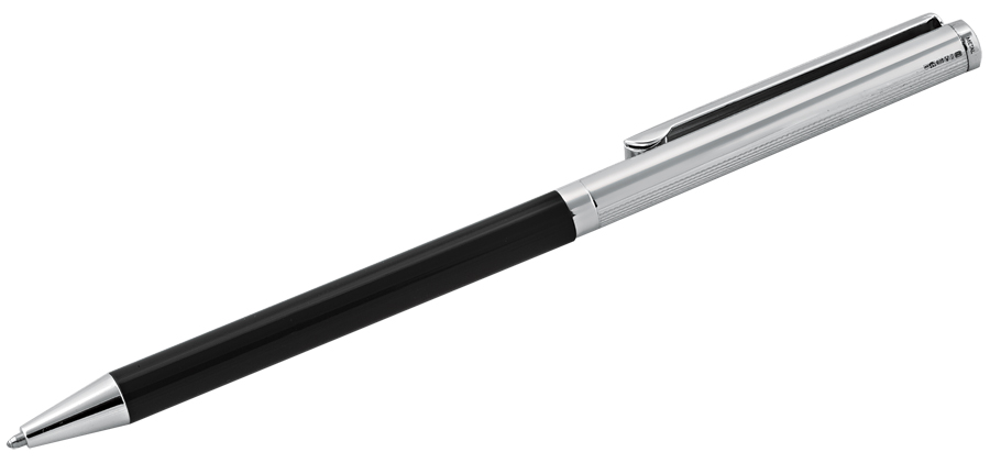 GT1065_1 Slim Ballpoint Pen With Black Acrylic Barrel And Engine Turned Finish In 925 English Hallmarked Sterling Silver