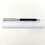 Slimline Ballpoint Pen With Navy Blue Acrylic Barrel And Engine Turned Finish In 925 English Hallmarked Sterling Silver