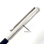 Slimline Ballpoint Pen With Navy Blue Acrylic Barrel And Engine Turned Finish In 925 English Hallmarked Sterling Silver