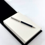 Slimline Ballpoint Pen With Navy Blue Acrylic Barrel And Engine Turned Finish In 925 English Hallmarked Sterling Silver