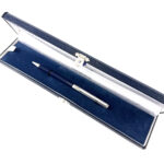 Slimline Ballpoint Pen With Navy Blue Acrylic Barrel And Engine Turned Finish In 925 English Hallmarked Sterling Silver