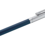 Slimline Ballpoint Pen With Navy Blue Acrylic Barrel And Engine Turned Finish In 925 English Hallmarked Sterling Silver