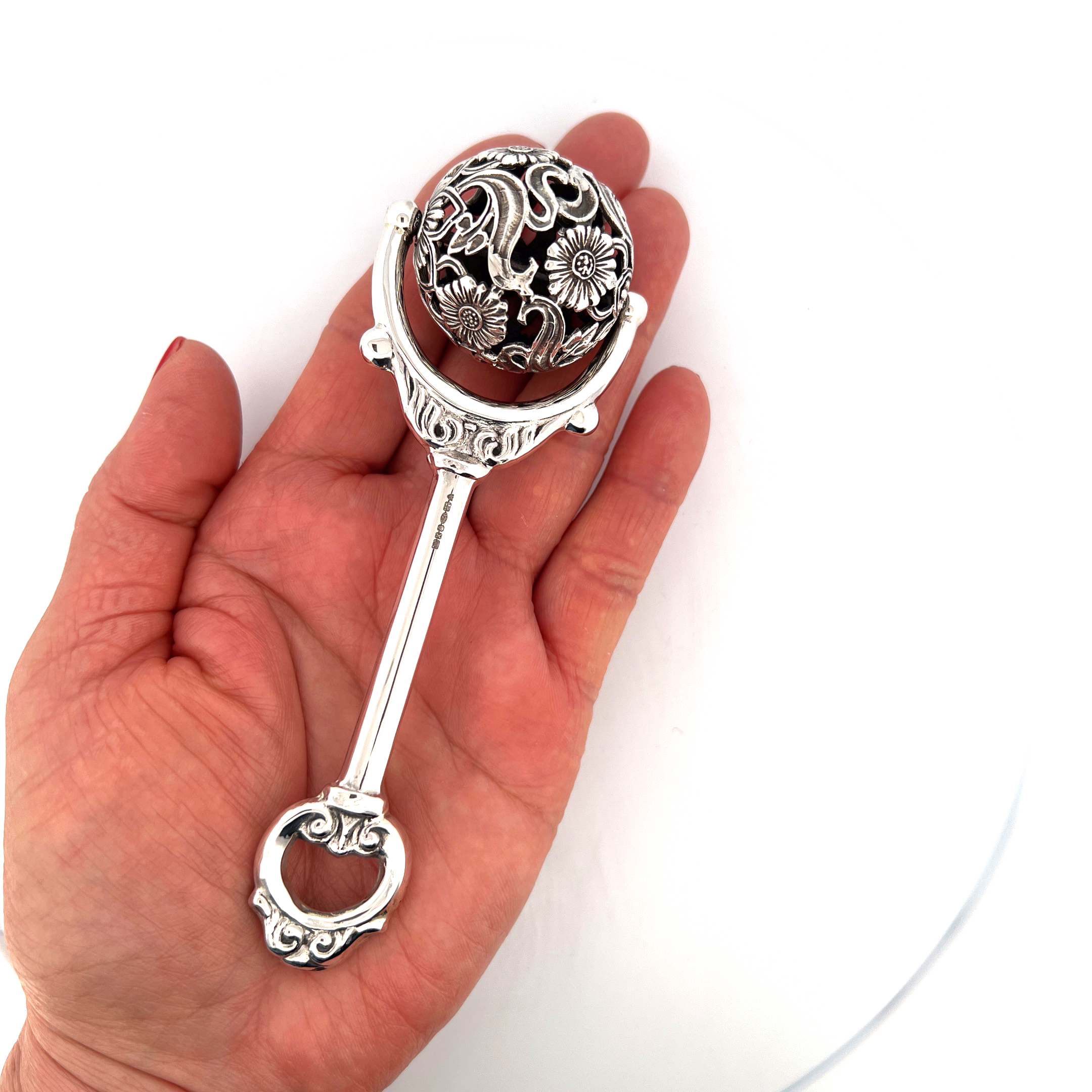 GT59 (11) Spinning Baby Rattle Victorian Style finished in 925 English Hallmarked Sterling Silver