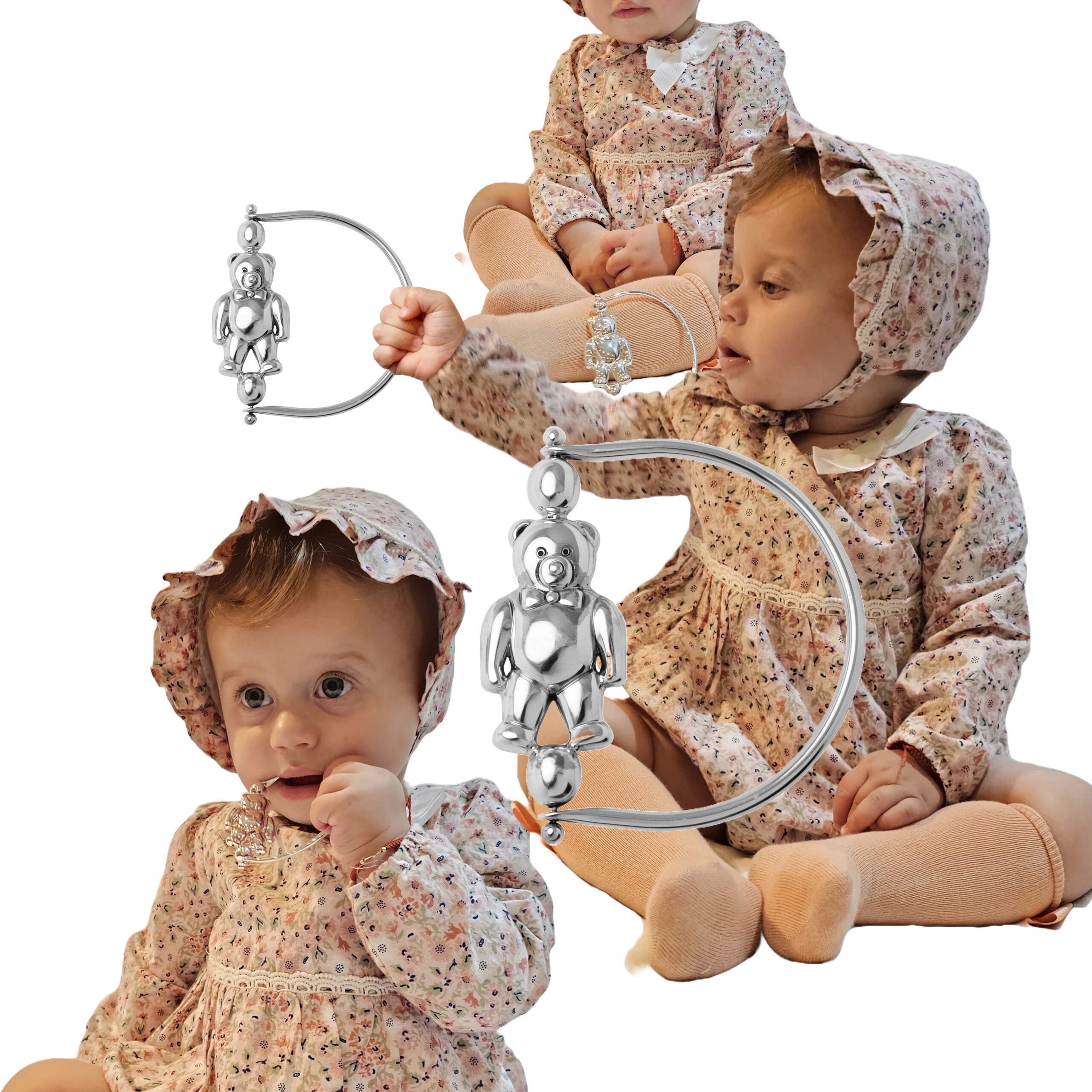 GT888 model collage new Spinning Teddy Bear Baby Rattle Edwardian Style Finished In 925 English Hallmarked Sterling Silver