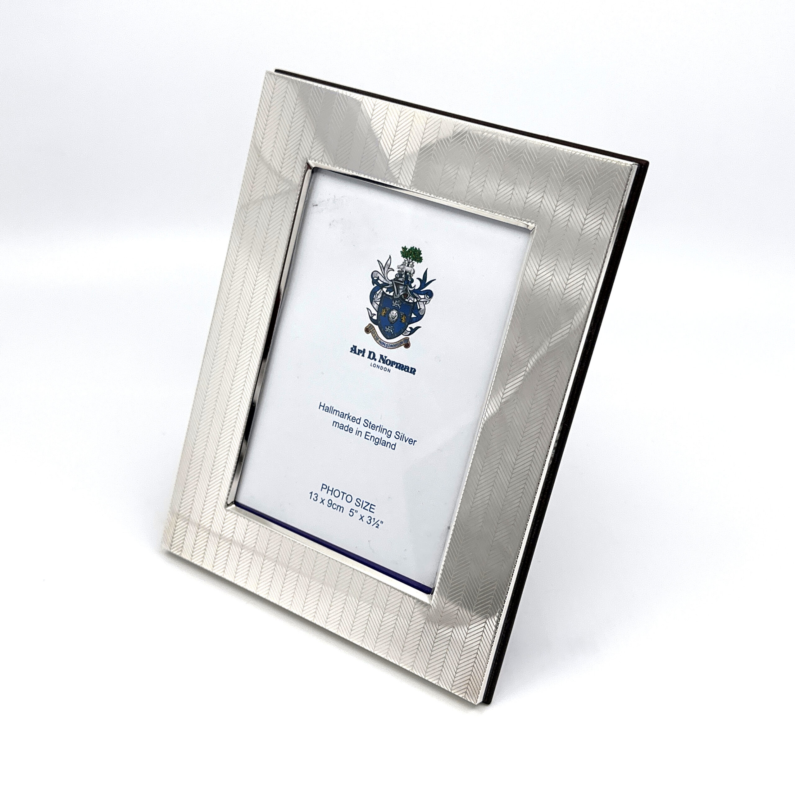FR142 (3) Photo Frame With Engraved Herringbone Pattern And Mahogany Wooden Back Finished In 925 English Hallmarked Sterling Silver