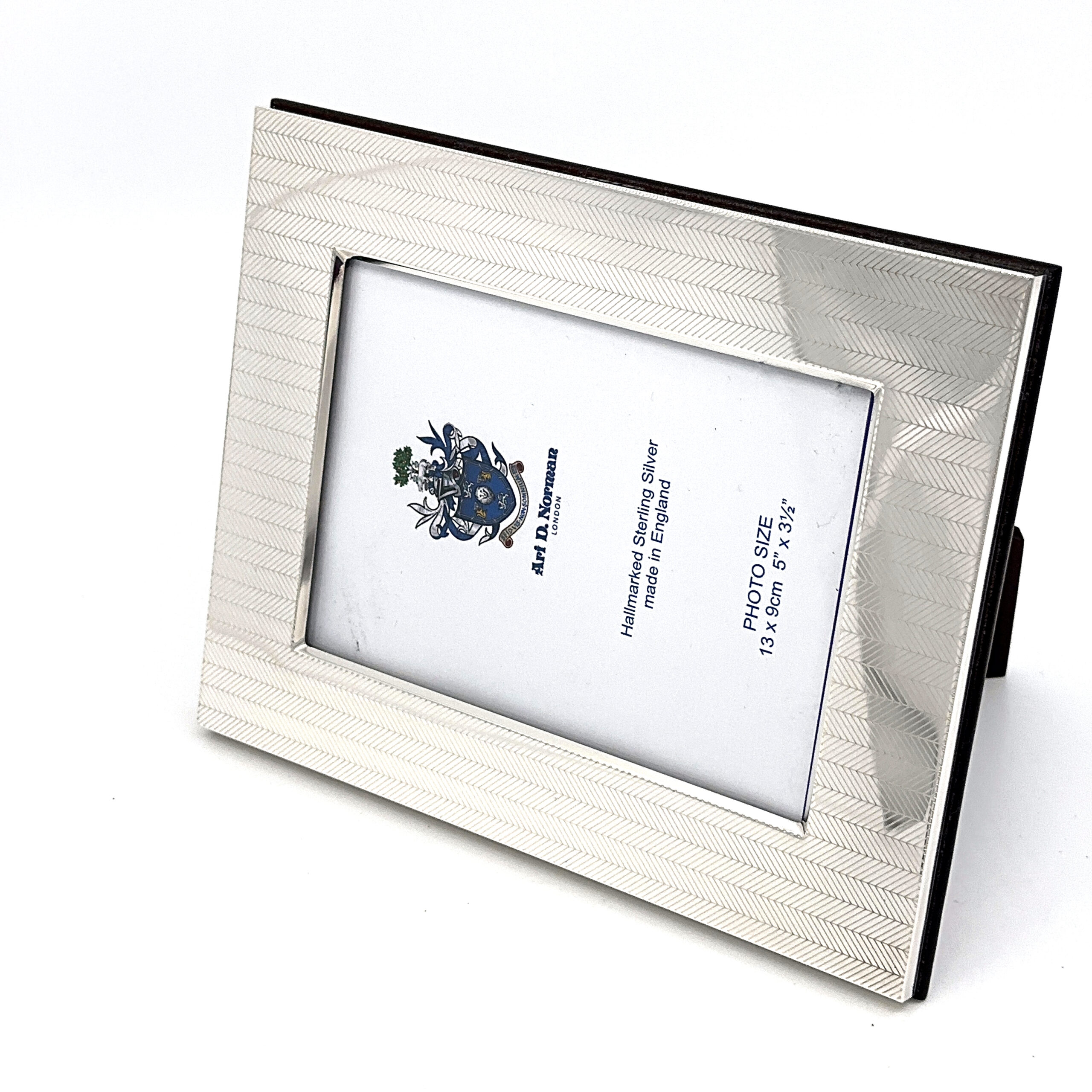 FR142 (1) Photo Frame With Engraved Herringbone Pattern And Mahogany Wooden Back Finished In 925 English Hallmarked Sterling Silver
