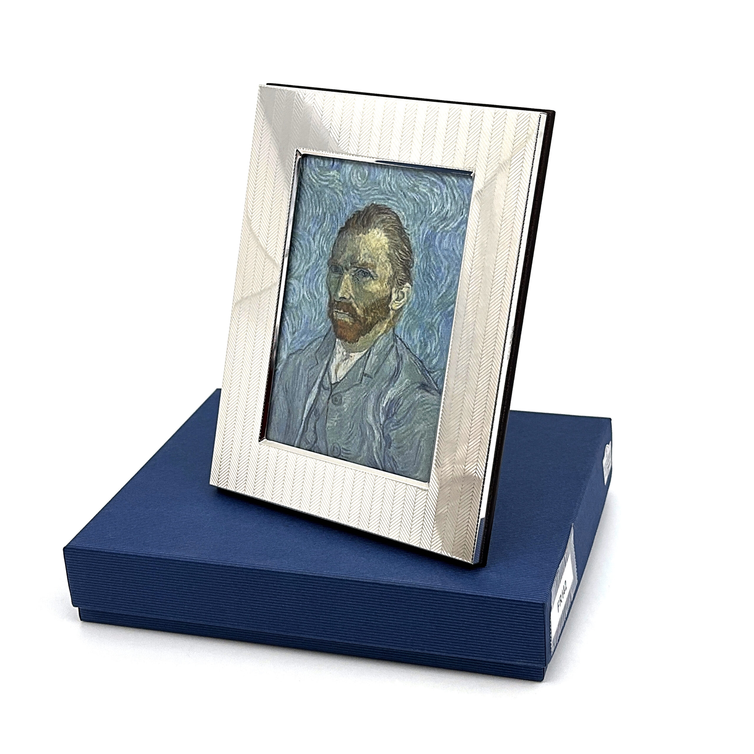 FR142 (10) Photo Frame With Engraved Herringbone Pattern And Mahogany Wooden Back Finished In 925 English Hallmarked Sterling Silver