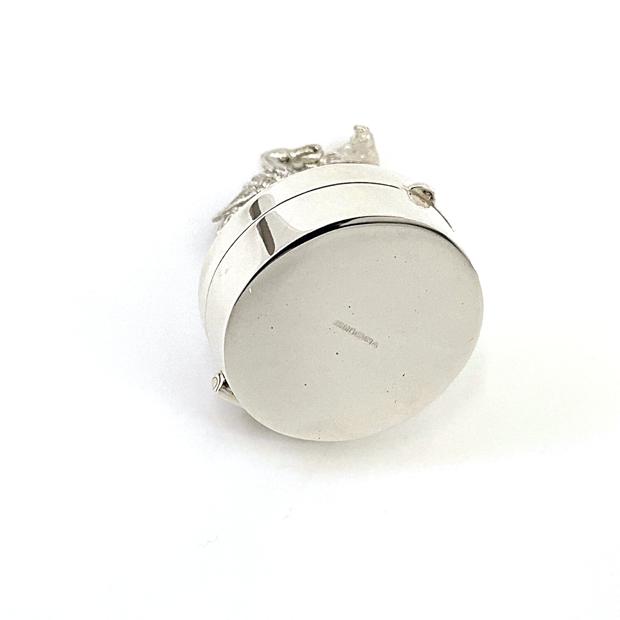 PB617 (3) Stork and Baby on Round Pill Box, finished in 925 English Hallmarked Sterling Silver