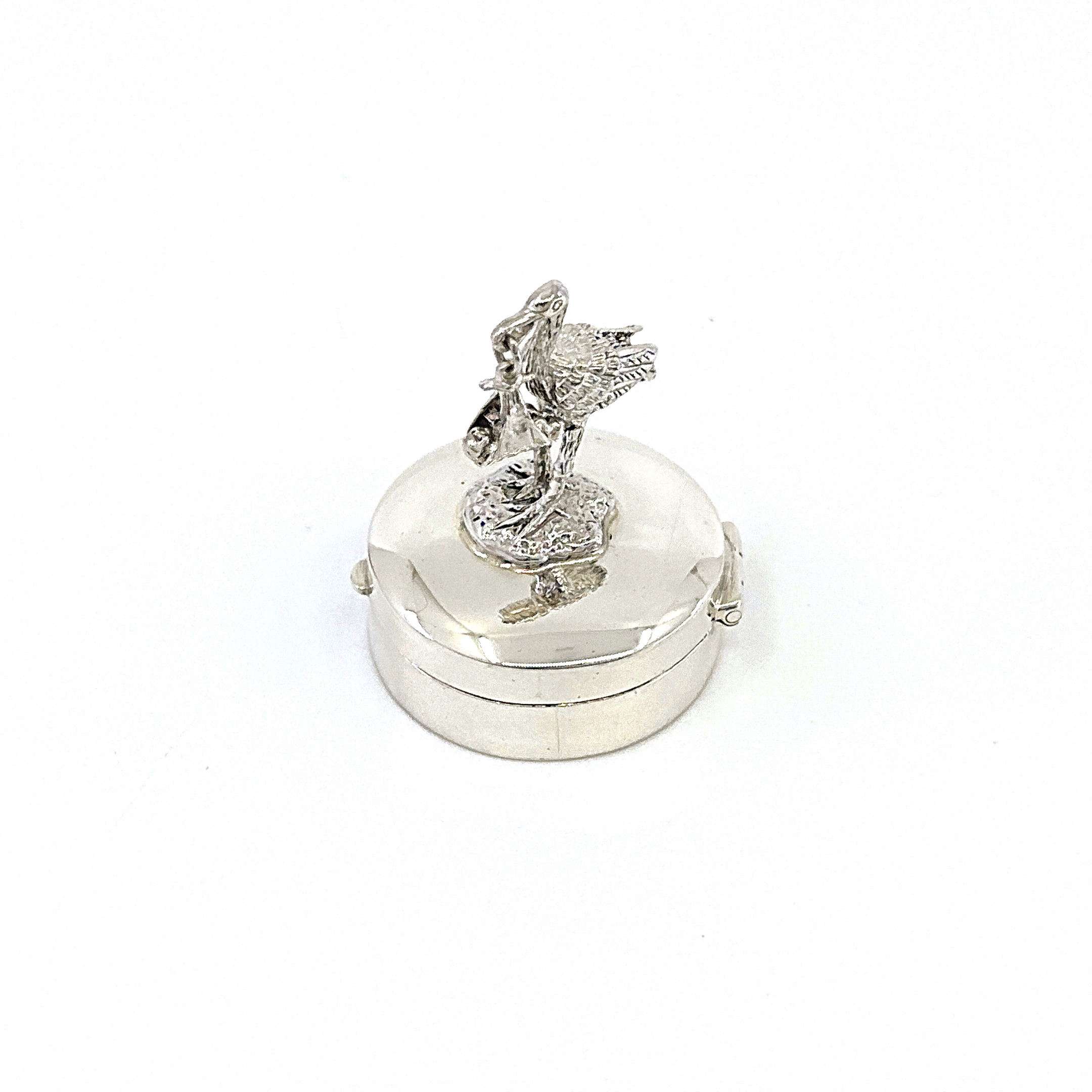 PB617 (1) Stork and Baby on Round Pill Box, finished in 925 English Hallmarked Sterling Silver