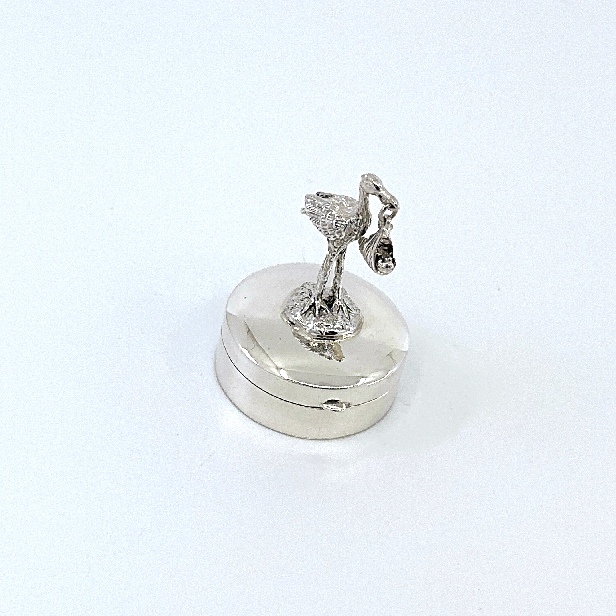PB617 (5) Stork and Baby on Round Pill Box, finished in 925 English Hallmarked Sterling Silver