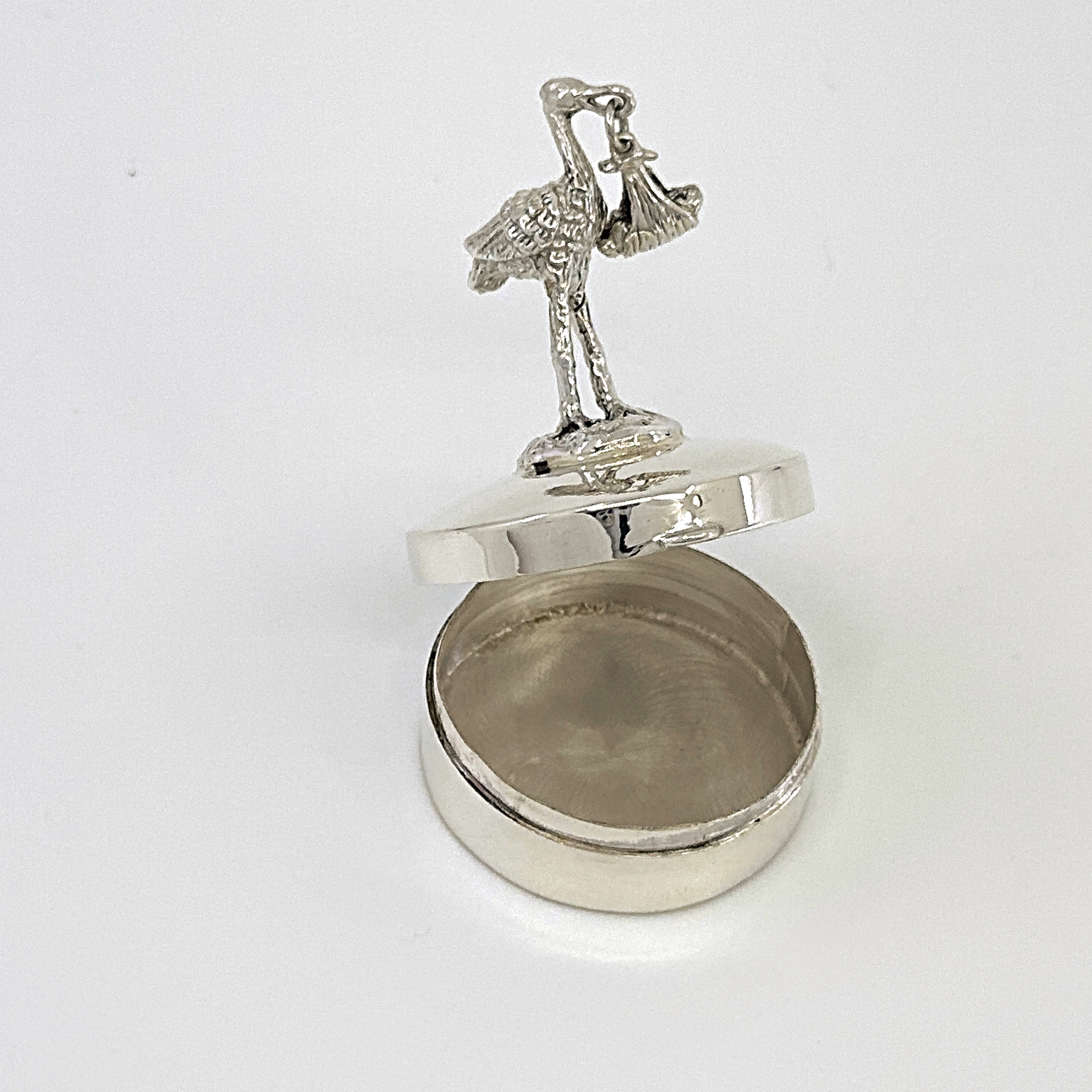 PB617 (2) Stork and Baby on Round Pill Box, finished in 925 English Hallmarked Sterling Silver