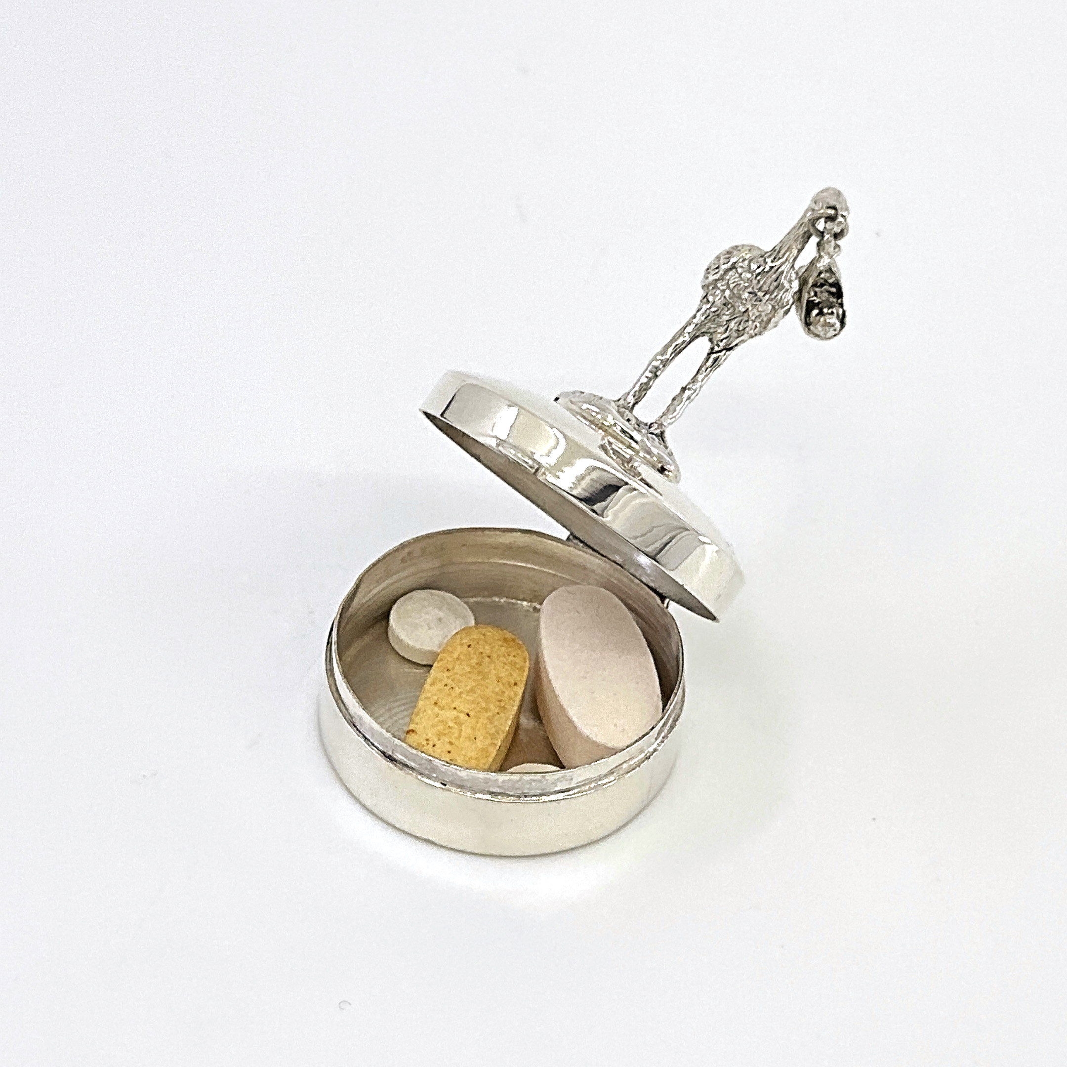 PB617 (6) Stork and Baby on Round Pill Box, finished in 925 English Hallmarked Sterling Silver