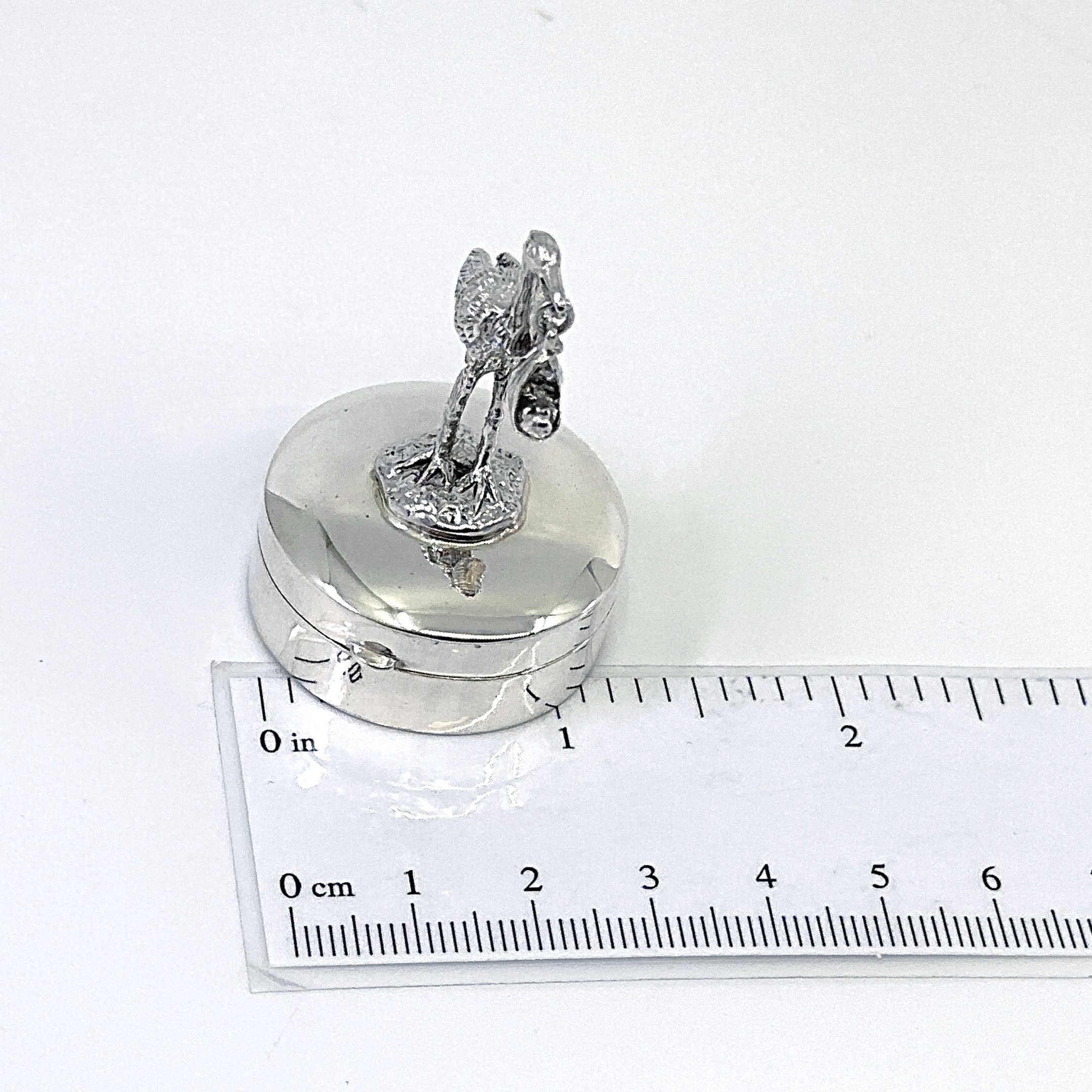 PB617 (8) Stork and Baby on Round Pill Box, finished in 925 English Hallmarked Sterling Silver