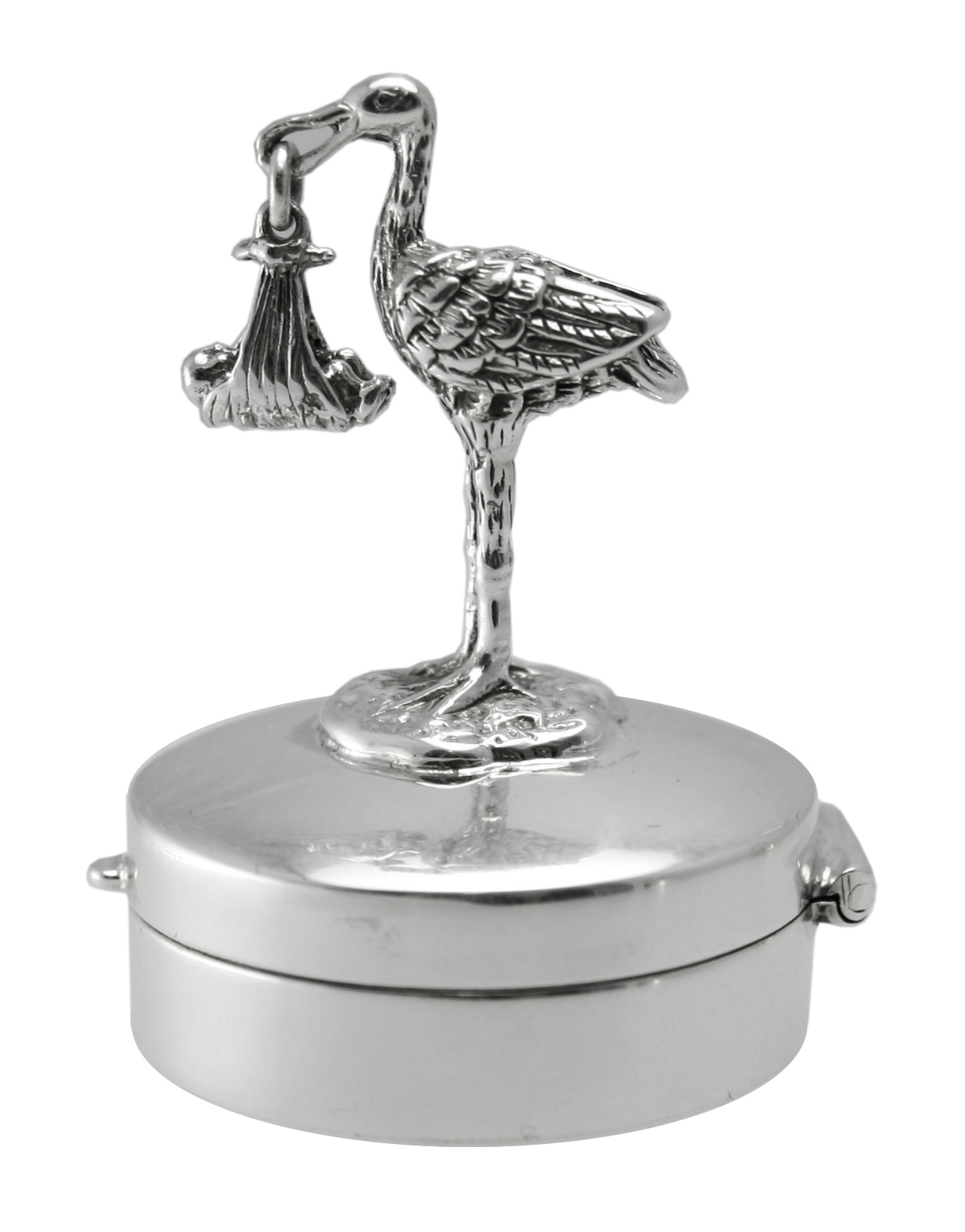 PB617-2 Stork and Baby on Round Pill Box, finished in 925 English Hallmarked Sterling Silver