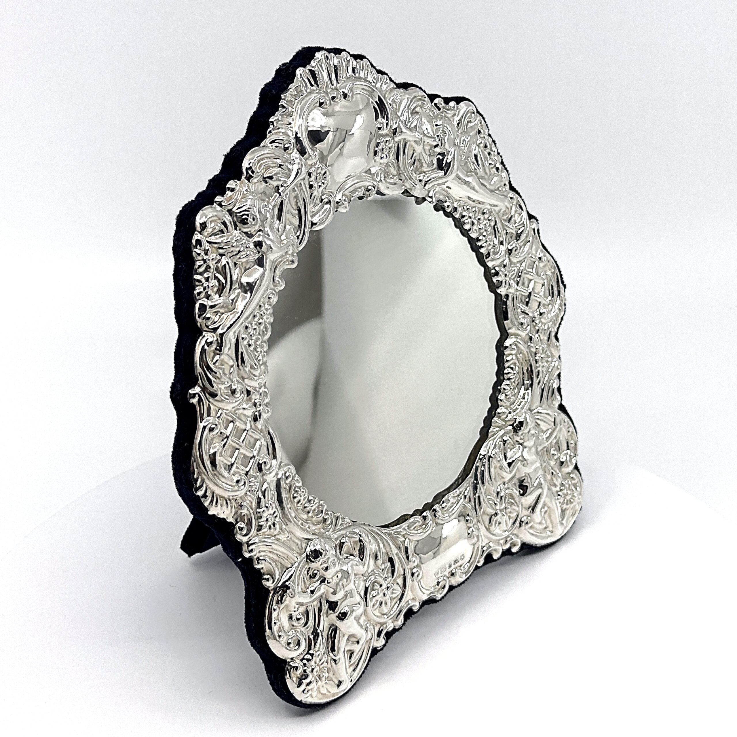 MIR409 (2) Victorian Style Table Mirror With Embossed Floral Decoration Finished In 925 English Hallmarked Sterling Silver