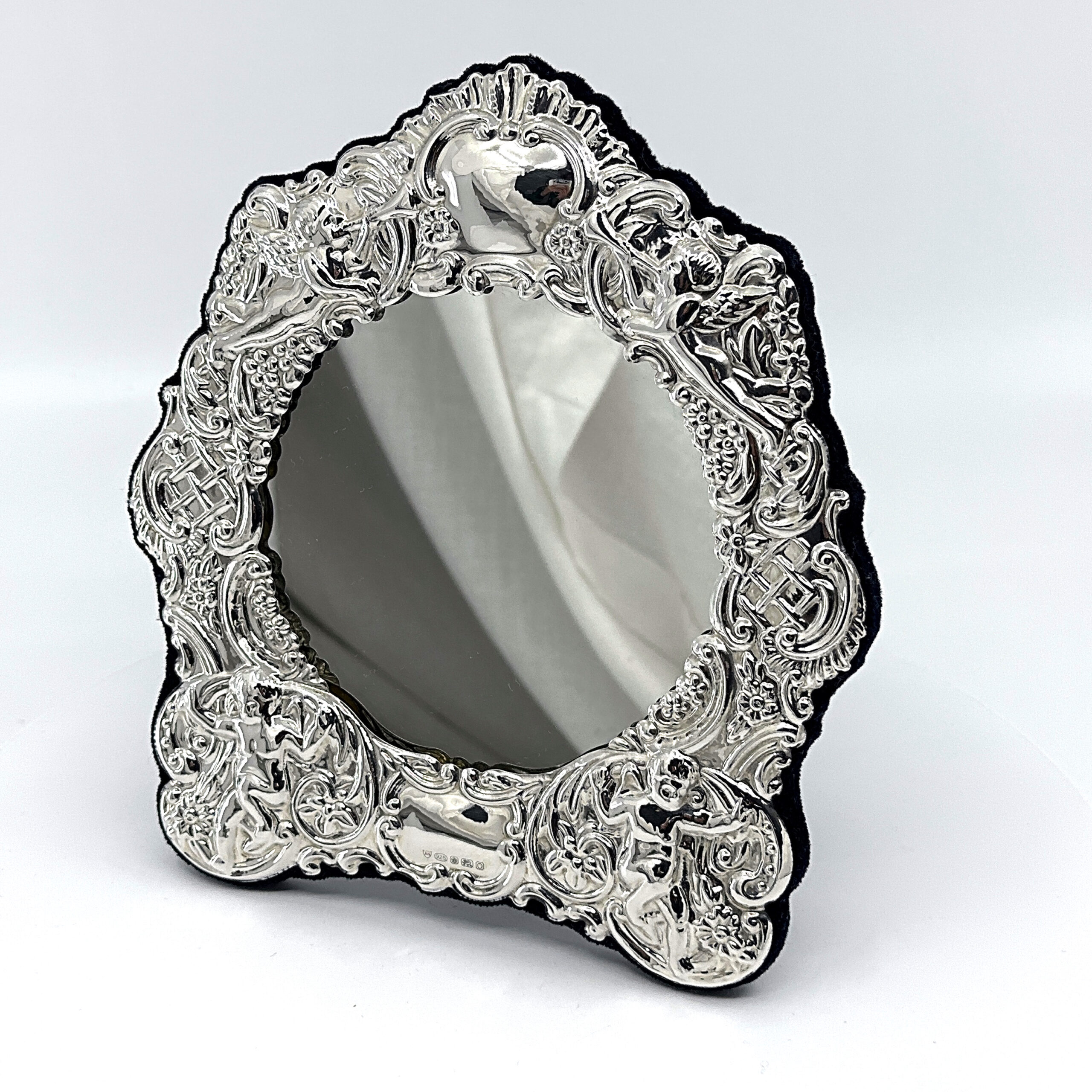 MIR409 (1) Victorian Style Table Mirror With Embossed Floral Decoration Finished In 925 English Hallmarked Sterling Silver
