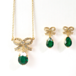 Teardrop Earrings Elizabethan Style Gold Plated Metal Alloy Set With Clear And Green Czech Crystals