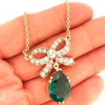 Teardrop Necklace Elizabethan Style Gold Plated Metal Alloy Set With Green And Clear Czech Crystals