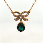 Teardrop Necklace Elizabethan Style Gold Plated Metal Alloy Set With Green And Clear Czech Crystals