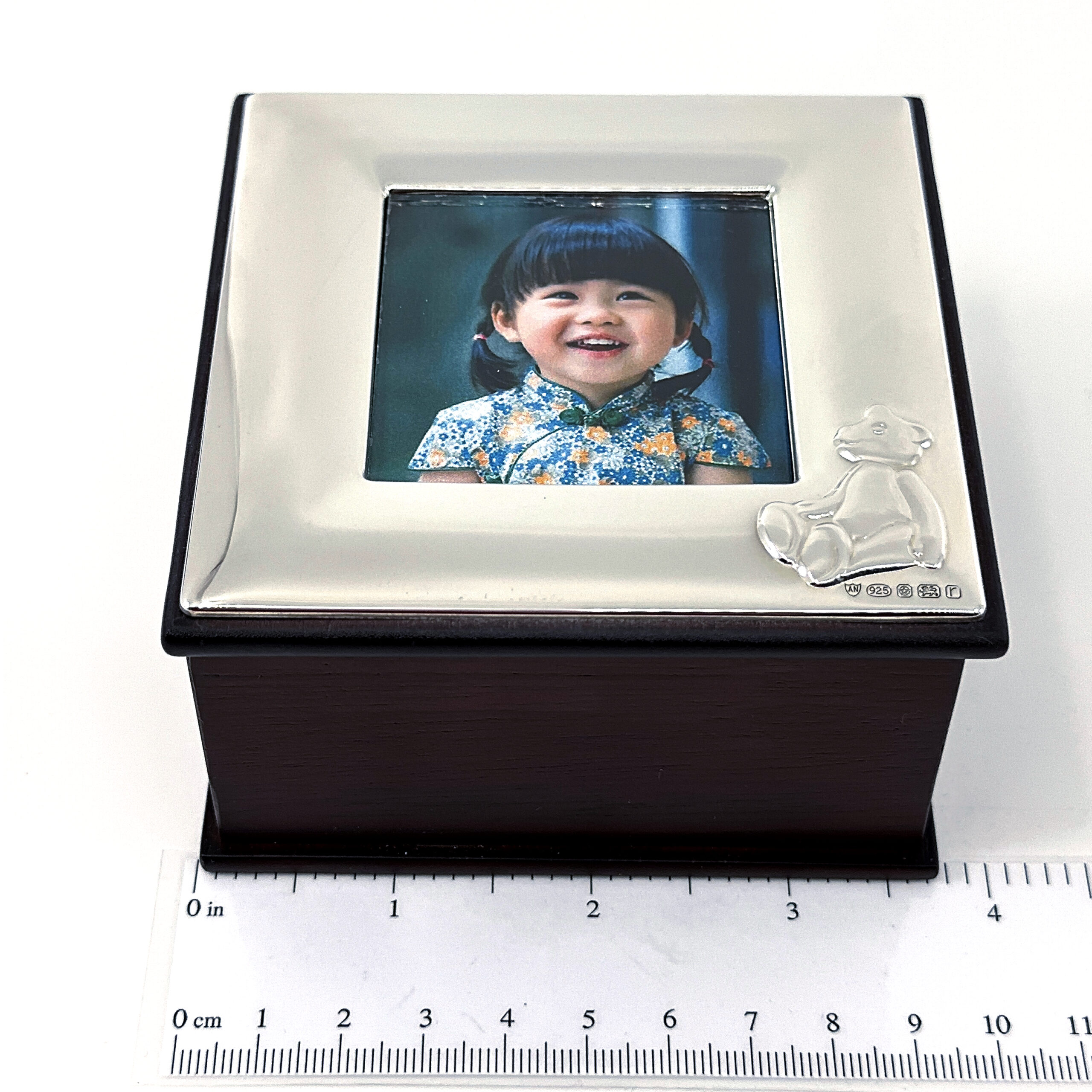 GT53 (7) Teddy Bear Motif Photo Frame Keepsake Box with Mahogany Finish finished in 925 English Hallmarked Sterling Silver