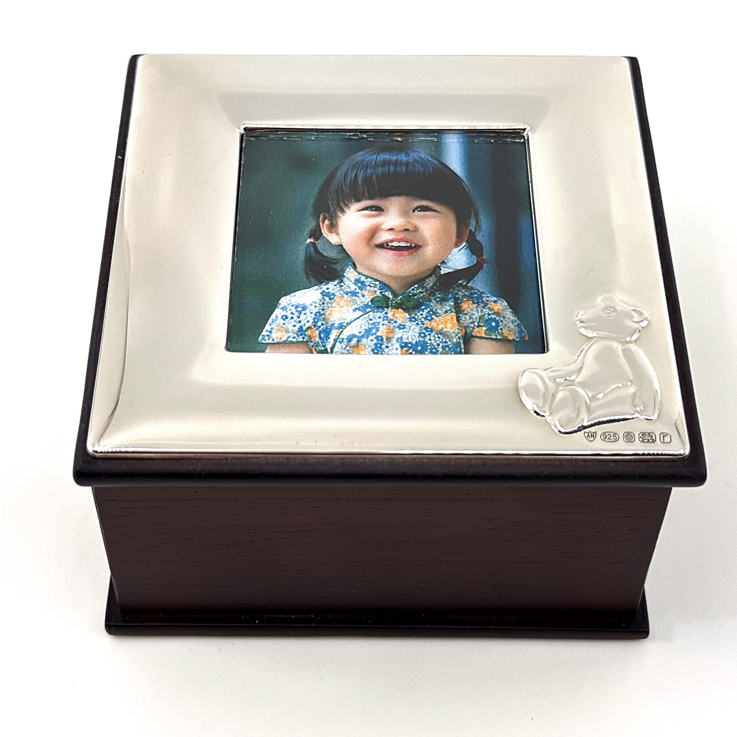GT53 (8) Teddy Bear Motif Photo Frame Keepsake Box with Mahogany Finish finished in 925 English Hallmarked Sterling Silver
