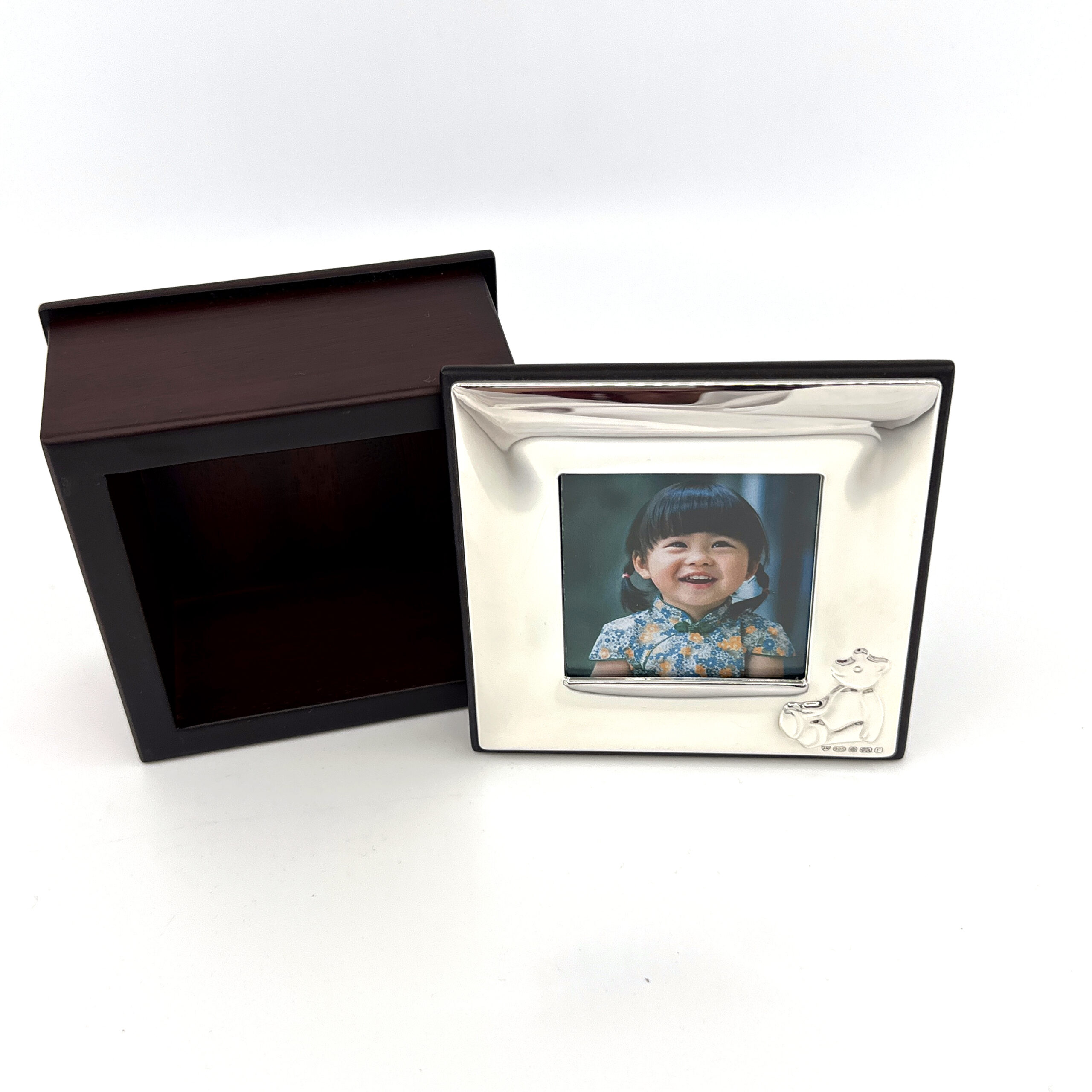 GT53 (9) Teddy Bear Motif Photo Frame Keepsake Box with Mahogany Finish finished in 925 English Hallmarked Sterling Silver