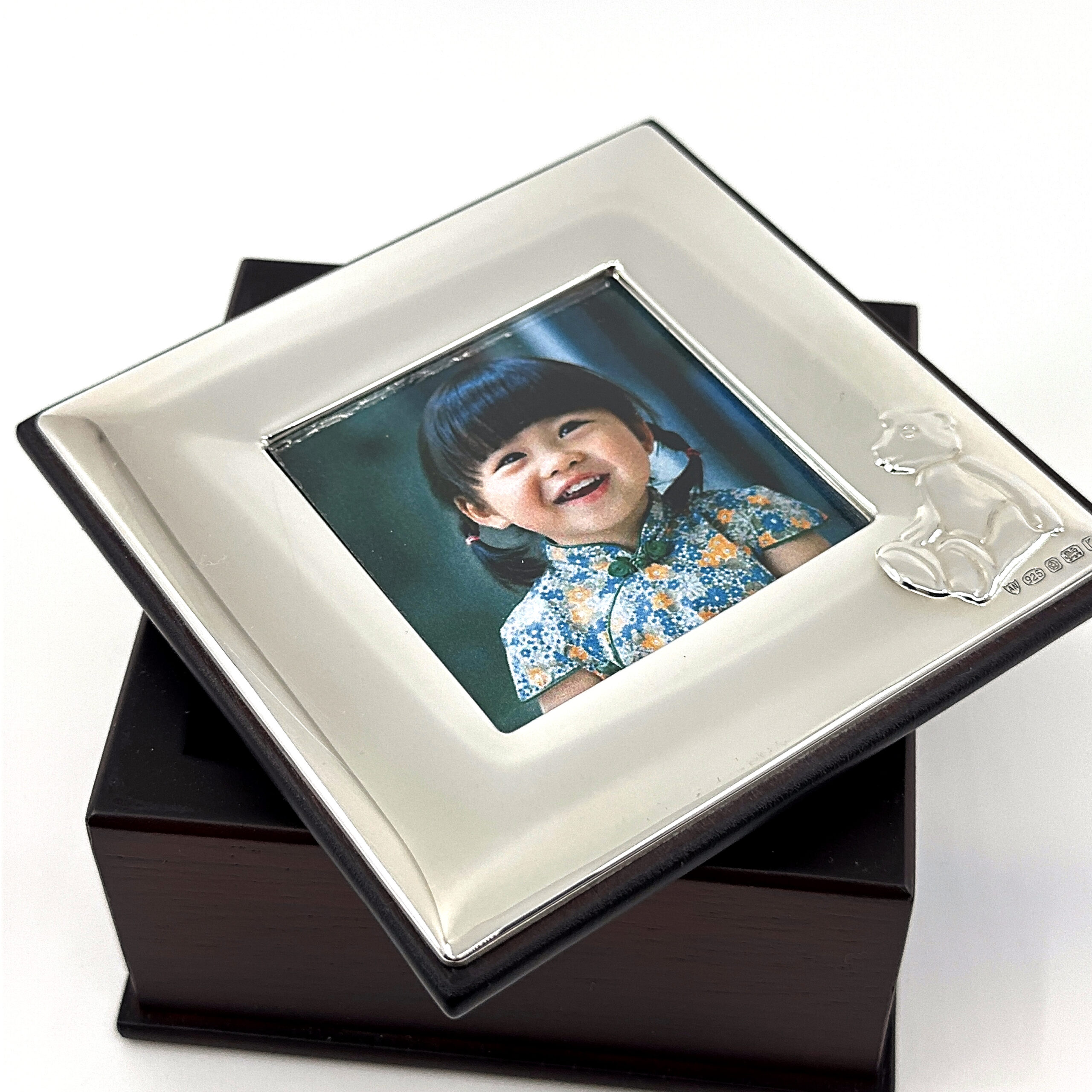 GT53 (5) Teddy Bear Motif Photo Frame Keepsake Box with Mahogany Finish finished in 925 English Hallmarked Sterling Silver