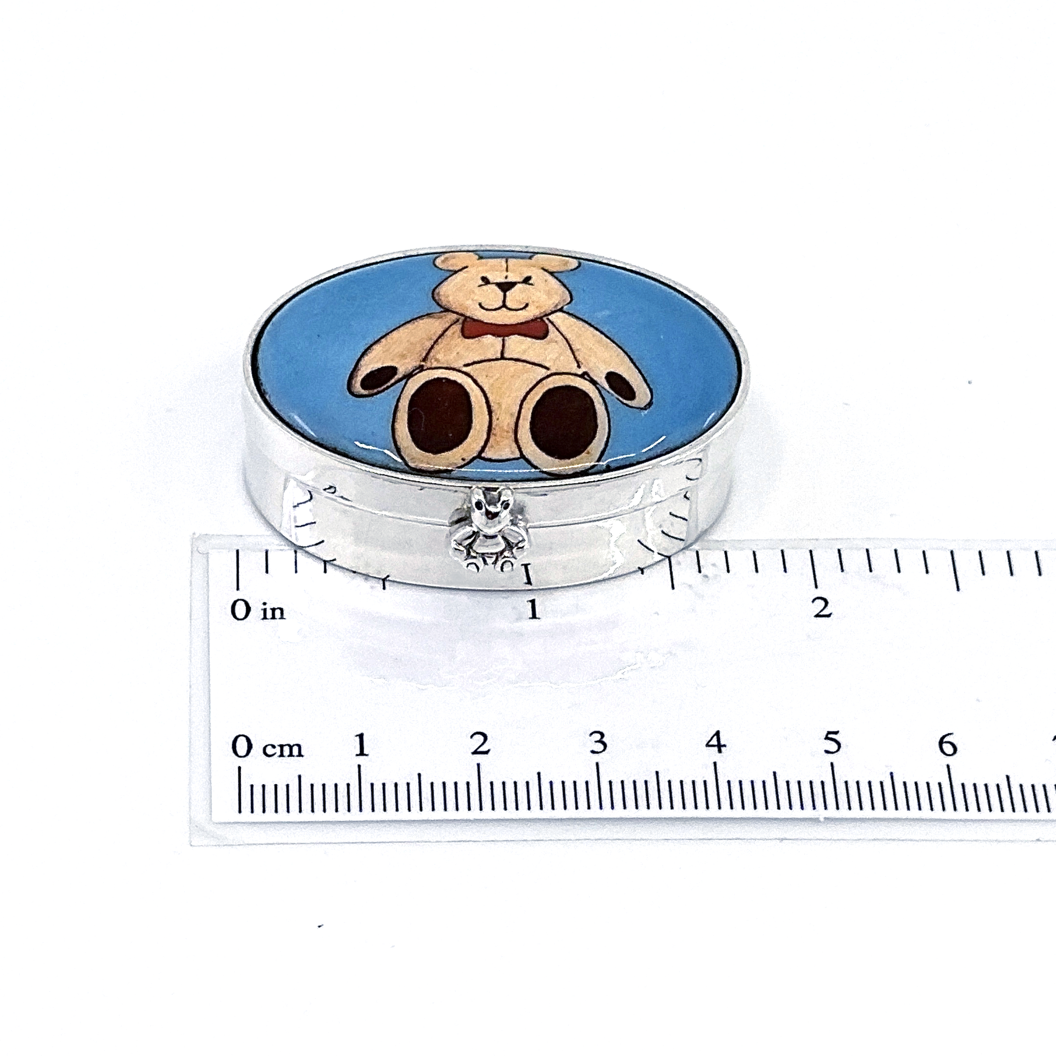 PB613 (4) Teddy Bear Pill Box with Hand Painted Enamel, Finished In 925 English Hallmarked Sterling Silver