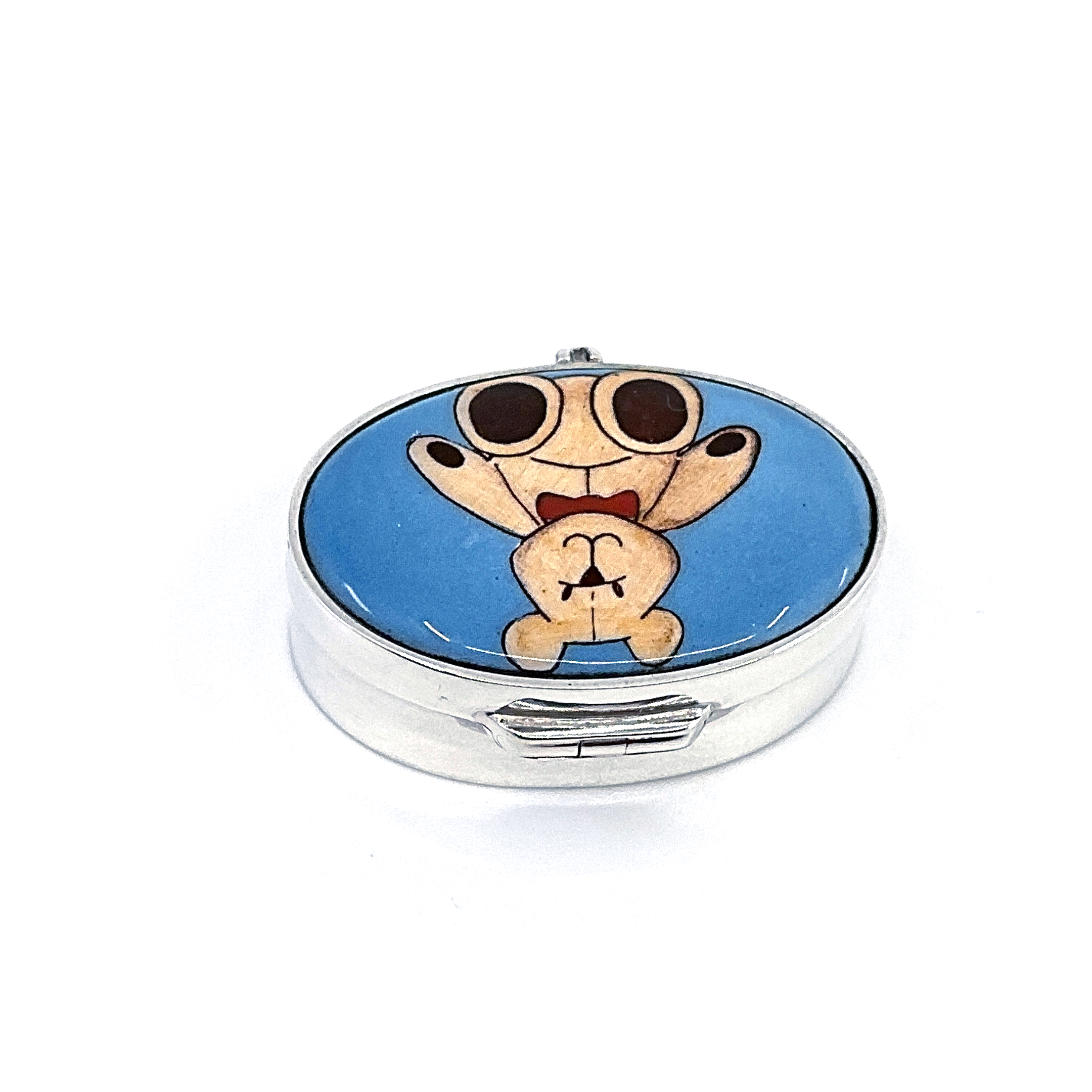 PB613 (7) Teddy Bear Pill Box with Hand Painted Enamel, Finished In 925 English Hallmarked Sterling Silver