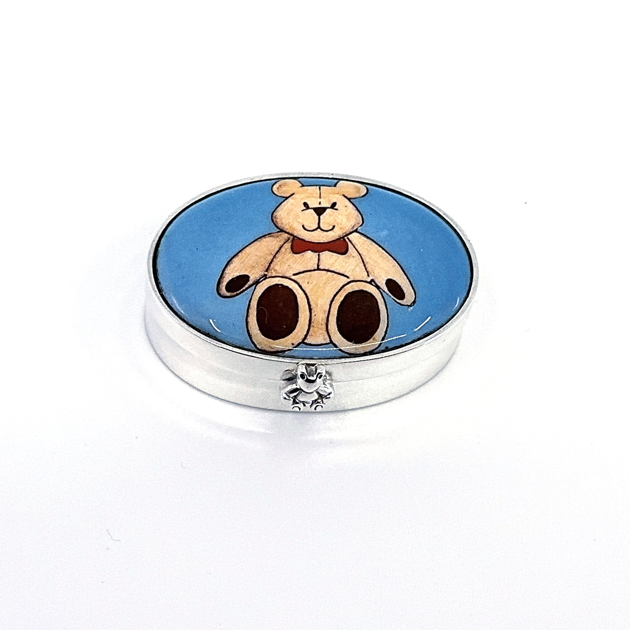 PB613 (2) Teddy Bear Pill Box with Hand Painted Enamel, Finished In 925 English Hallmarked Sterling Silver
