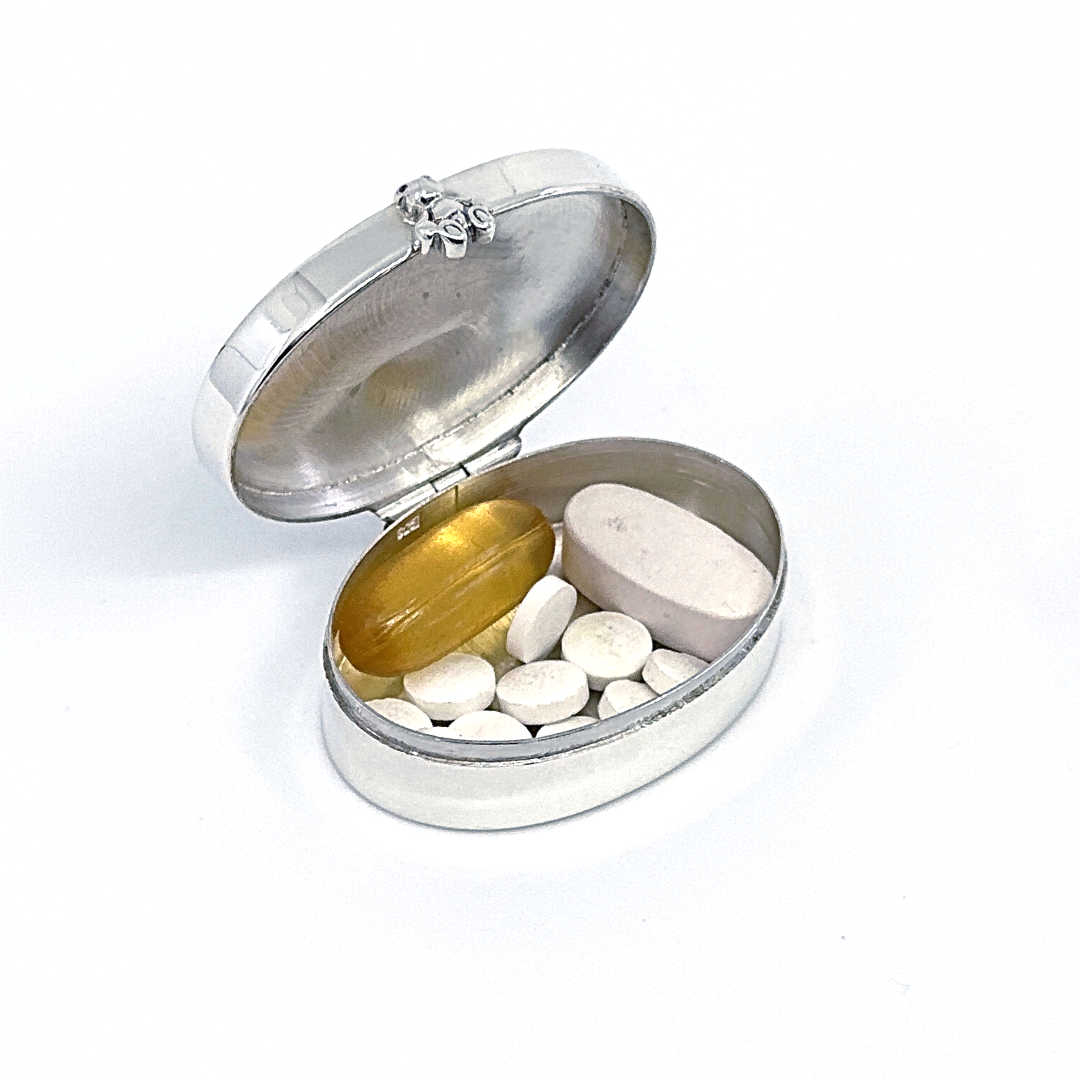 PB613 (8) Teddy Bear Pill Box with Hand Painted Enamel, Finished In 925 English Hallmarked Sterling Silver