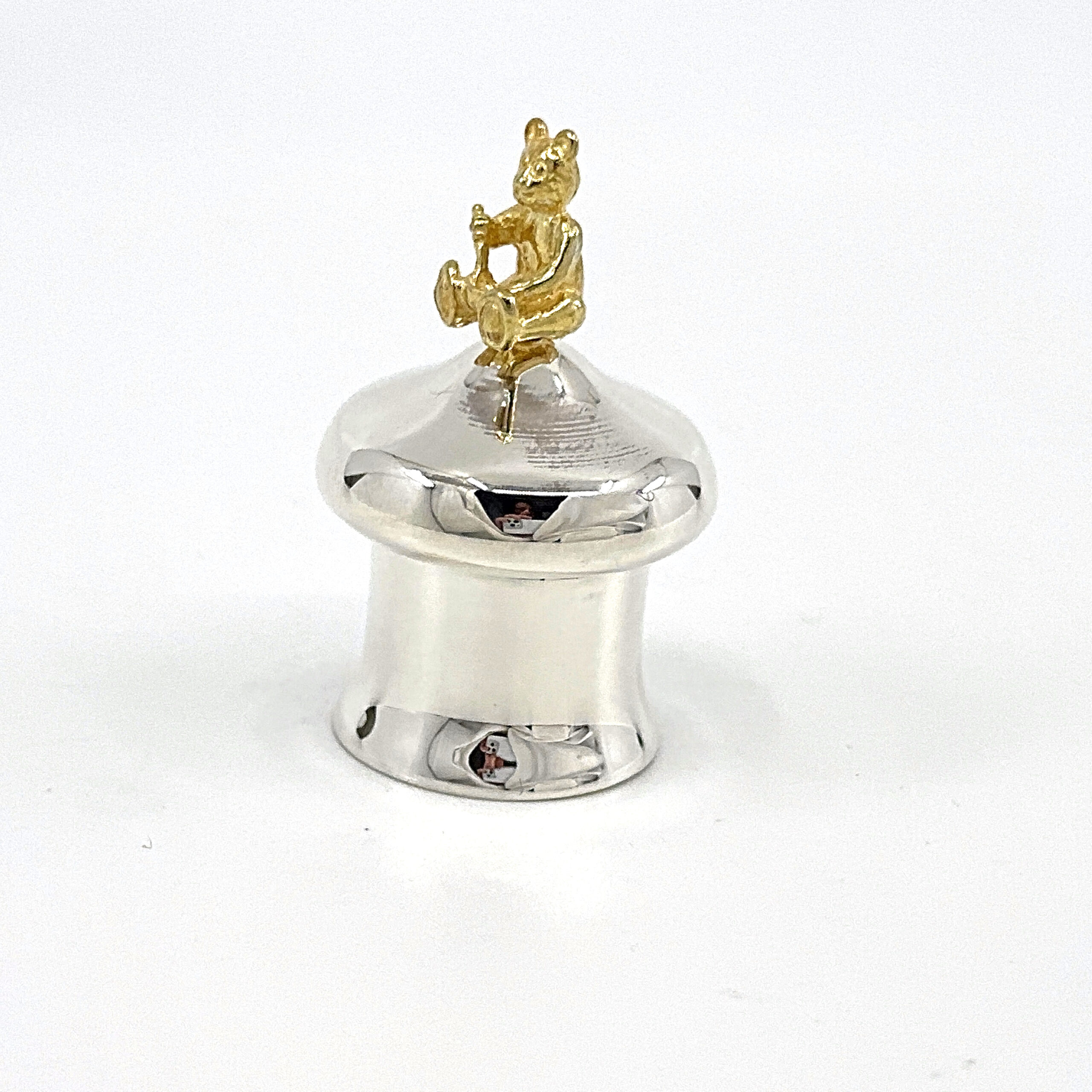 GT349 (1) Tooth Fairy Box With Gold Plated Teddy Bear Finished In 925 English Hallmarked Sterling Silver