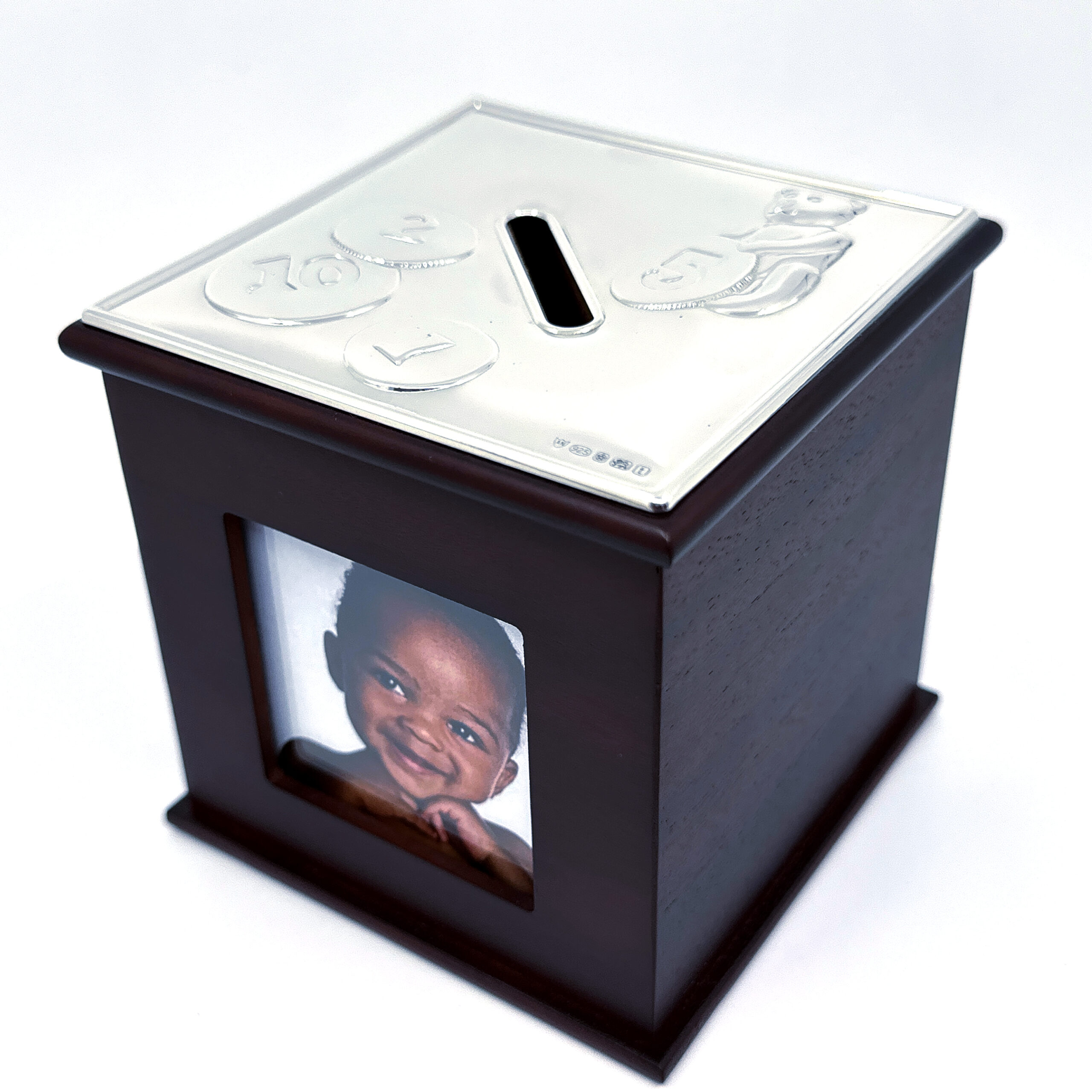 GT37 (7) Toy Motif Money Box With Photo Frame And Mahogany Finish Finished In 925 English Hallmarked Sterling Silver