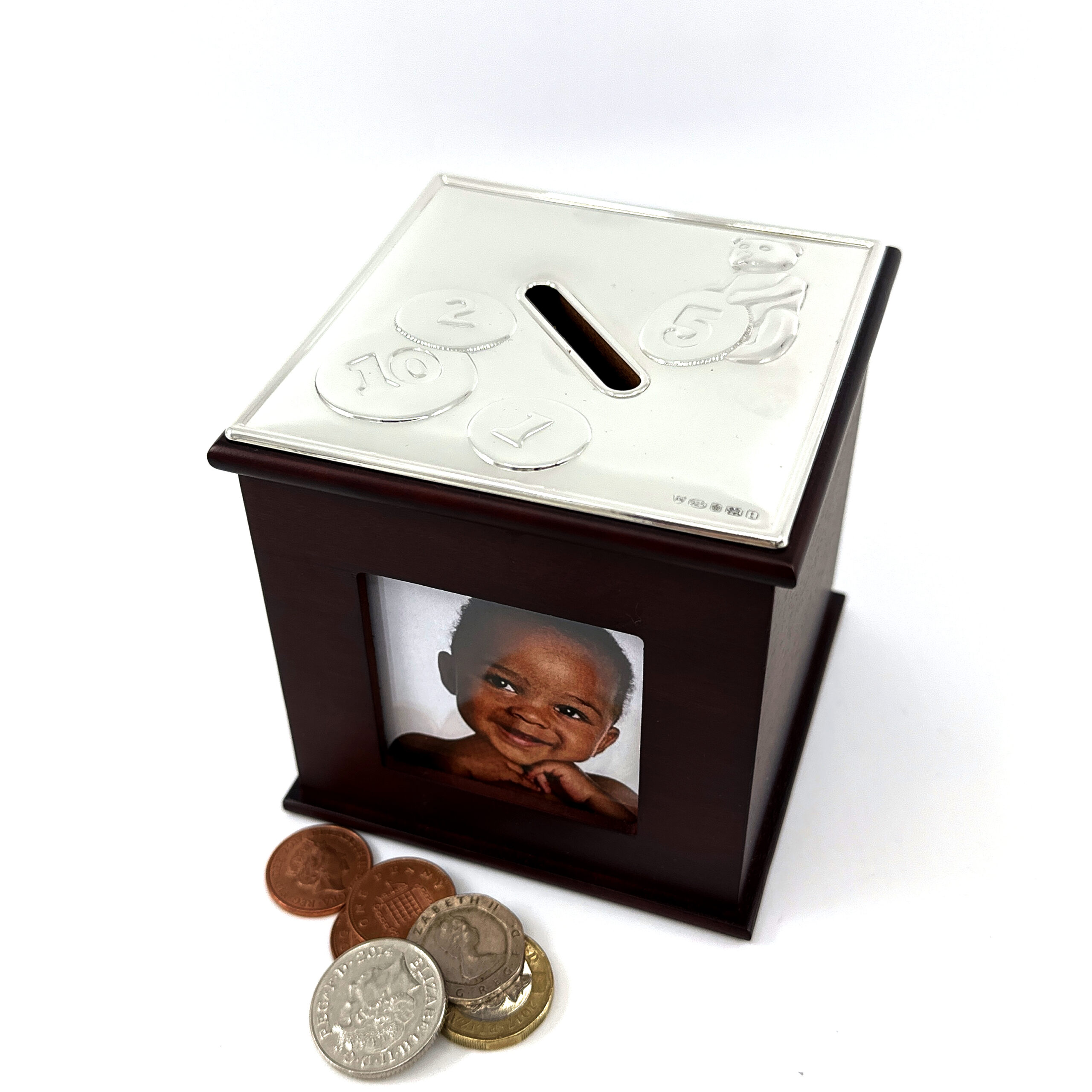 GT37 (10) Toy Motif Money Box With Photo Frame And Mahogany Finish Finished In 925 English Hallmarked Sterling Silver