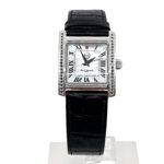 Rectangular Watch With Mother Of Pearl Dial And Black Diamond Set Winder Finished In 925 English Hallmarked Sterling Silver