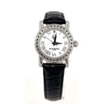 Diamond Set Watch With Black Leather Strap And Black Diamond Set Winder Finished In 925 English Hallmarked Sterling Silver