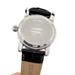 Diamond Set Watch With Black Leather Strap And Black Diamond Set Winder Finished In 925 English Hallmarked Sterling Silver