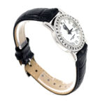 Diamond Set Watch With Black Leather Strap And Black Diamond Set Winder Finished In 925 English Hallmarked Sterling Silver