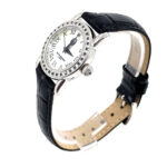 Diamond Set Watch With Black Leather Strap And Black Diamond Set Winder Finished In 925 English Hallmarked Sterling Silver