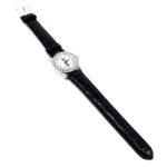 Diamond Set Watch With Black Leather Strap And Black Diamond Set Winder Finished In 925 English Hallmarked Sterling Silver
