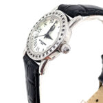 Diamond Set Watch With Black Leather Strap And Black Diamond Set Winder Finished In 925 English Hallmarked Sterling Silver
