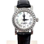 Diamond Set Watch With Black Leather Strap And Black Diamond Set Winder Finished In 925 English Hallmarked Sterling Silver