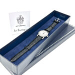 Diamond Set Watch With Black Leather Strap And Black Diamond Set Winder Finished In 925 English Hallmarked Sterling Silver