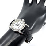 Diamond Set Watch With Black Leather Strap And Black Diamond Set Winder Finished In 925 English Hallmarked Sterling Silver