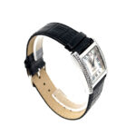 Rectangular Watch With Mother Of Pearl Dial And Black Diamond Set Winder Finished In 925 English Hallmarked Sterling Silver