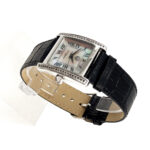 Rectangular Watch With Mother Of Pearl Dial And Black Diamond Set Winder Finished In 925 English Hallmarked Sterling Silver