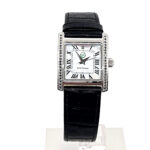 Rectangular Watch With Mother Of Pearl Dial And Black Diamond Set Winder Finished In 925 English Hallmarked Sterling Silver