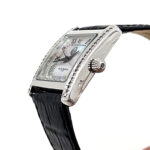 Rectangular Watch With Mother Of Pearl Dial And Black Diamond Set Winder Finished In 925 English Hallmarked Sterling Silver