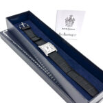 Rectangular Watch With Mother Of Pearl Dial And Black Diamond Set Winder Finished In 925 English Hallmarked Sterling Silver